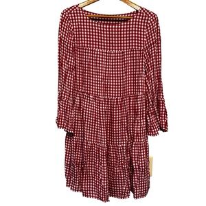 BeachLunchLounge Gianna Gingham Dress M Tiered Flare Sleeve Red White Cottage